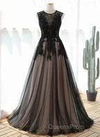A-Line Tulle With Lace Round Neckline Floor Length Party Dress Black Evening Prom Dress Formal Dress
