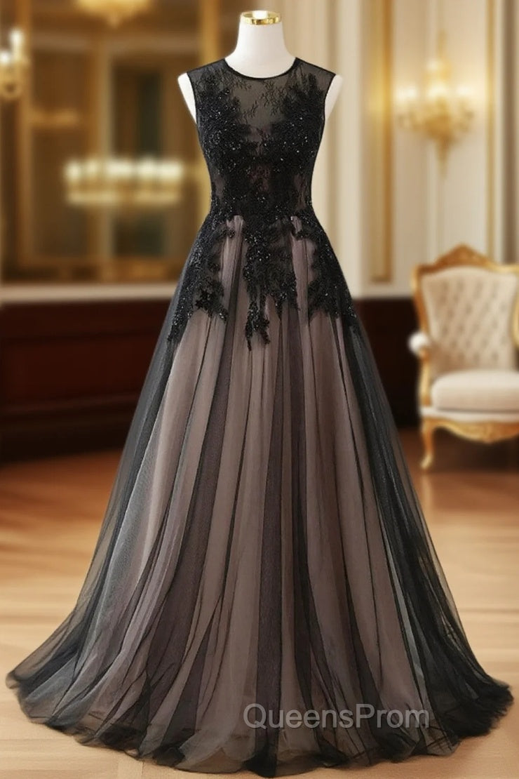 A-line Tulle with Lace Round Neckline Floor Length Party Dress, Black Evening Prom Dress Main image