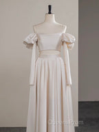 A-Line Two Pieces Satin Champagne Long Evening Prom Dress, Champagne Formal Dress