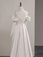 A-Line Two Pieces Satin Champagne Long Evening Prom Dress, Champagne Formal Dress