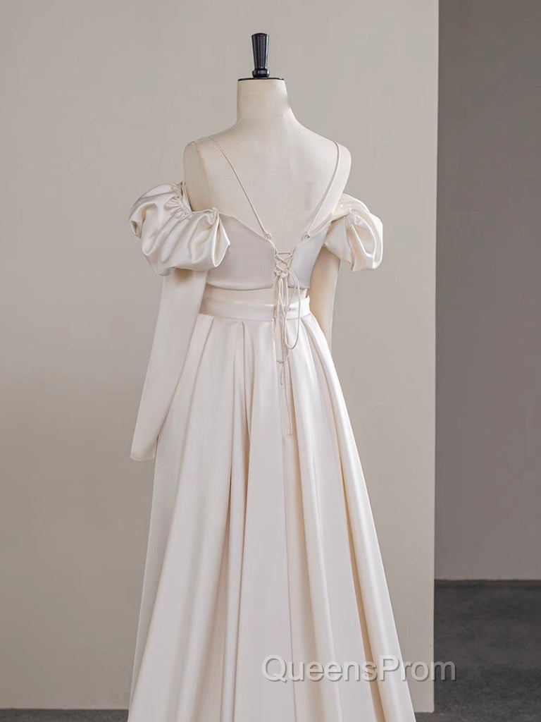 A-Line Two Pieces Satin Champagne Long Evening Prom Dress, Champagne Formal Dress