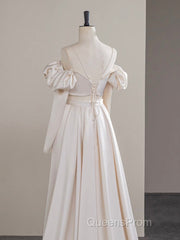 A-Line Two Pieces Satin Champagne Long Evening Prom Dress, Champagne Formal Dress