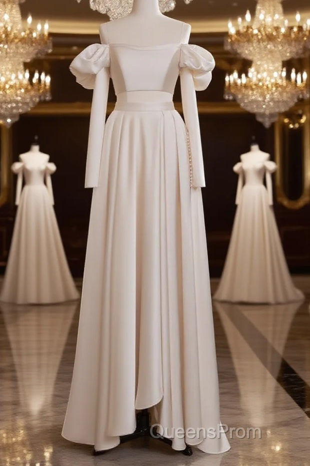 A-Line Two Pieces Satin Champagne Long Evening Prom Dress, Champagne Formal Dress Main image