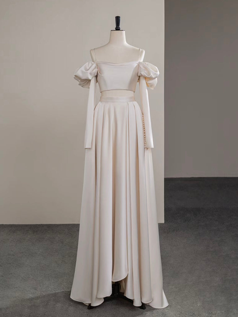 A-Line Two Pieces Satin Champagne Long Classy Prom Dress, Champagne Long Classy Dress Main image
