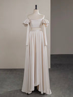 A-Line Two Pieces Satin Champagne Long Classy Prom Dress, Champagne Long Classy Dress