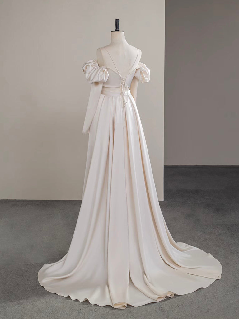 A-Line Two Pieces Satin Champagne Long Classy Prom Dress, Champagne Long Classy Dress Secondary image