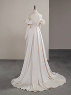A-Line Two Pieces Satin Champagne Long Classy Prom Dress, Champagne Long Classy Dress