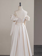 A-Line Two Pieces Satin Champagne Long Classy Prom Dress, Champagne Long Classy Dress