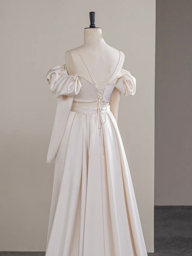 A-Line Two Pieces Satin Champagne Long Classy Prom Dress, Champagne Long Classy Dress