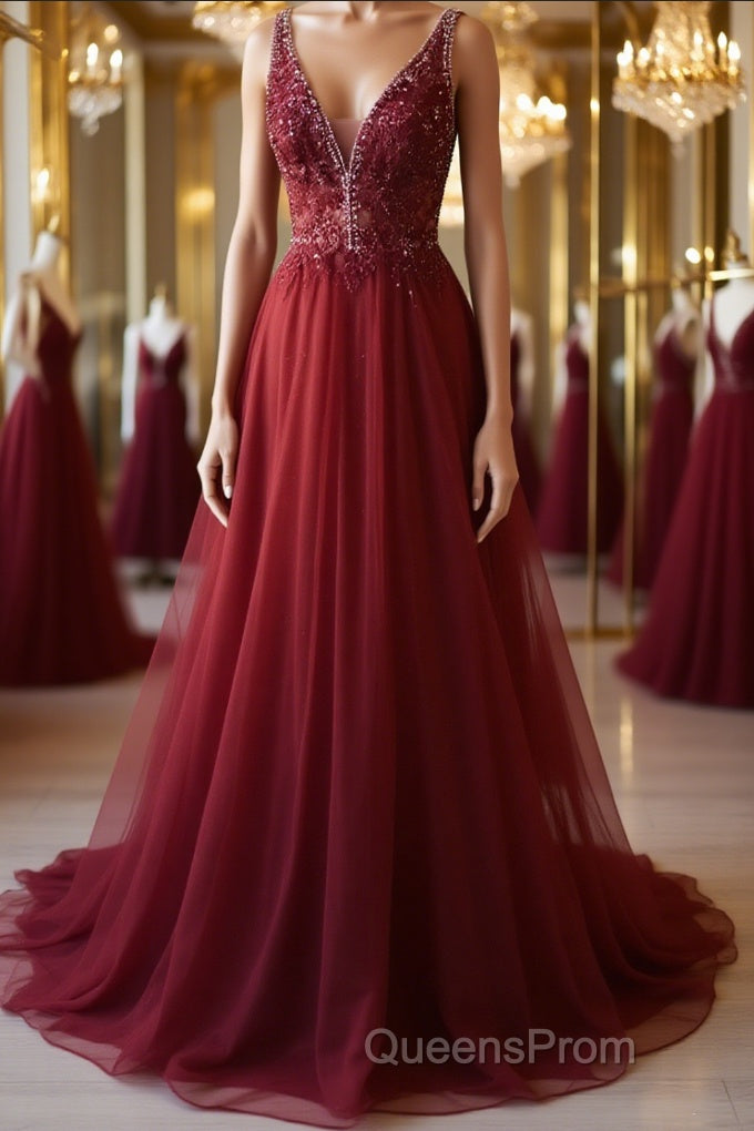 A Line V Neck and V Back Long Beading Lace Burgundy Evening Prom Dress, Lace Burgundy Formal Graduation Evening Dress Main image