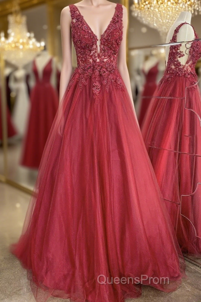 A Line V Neck and V Back Red Lace Floral Long Evening Prom Dress, Open Back 3D Flowers Red Lace Formal Evening Dress Main image