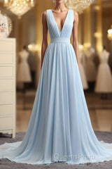 A Line V Neck and V Back Sky Blue Chiffon Long Evening Prom Dress, V Neck Blue Formal Dress, Blue Evening Dress