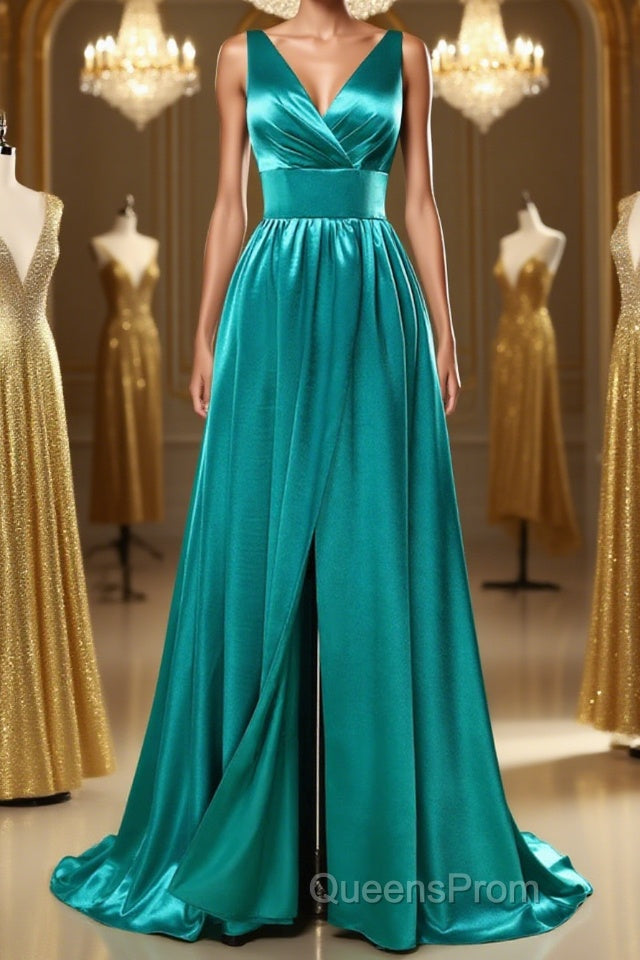 A Line V Neck and V Back Turquoise Long Evening Prom Dress with Slit, Turquoise Formal Graduation Evening Dress Main image