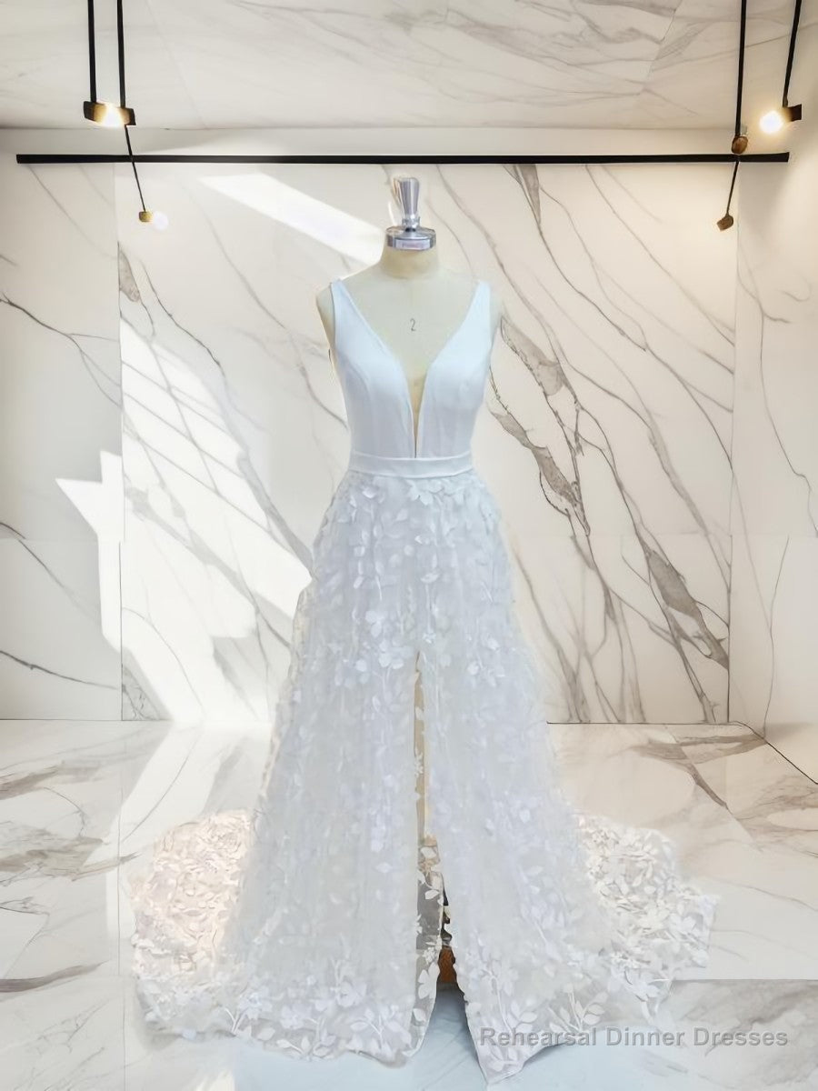 A-line V-neck Applique Sweep Train Stretch Crepe Wedding Dress Main image