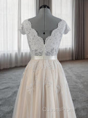 A-Line V-Neck Appliques Lace Floor-Length Lace Wedding Dress