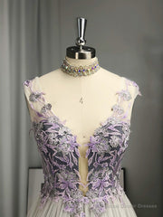 A-line V-neck Appliques Lace Floor-Length Tulle Dress