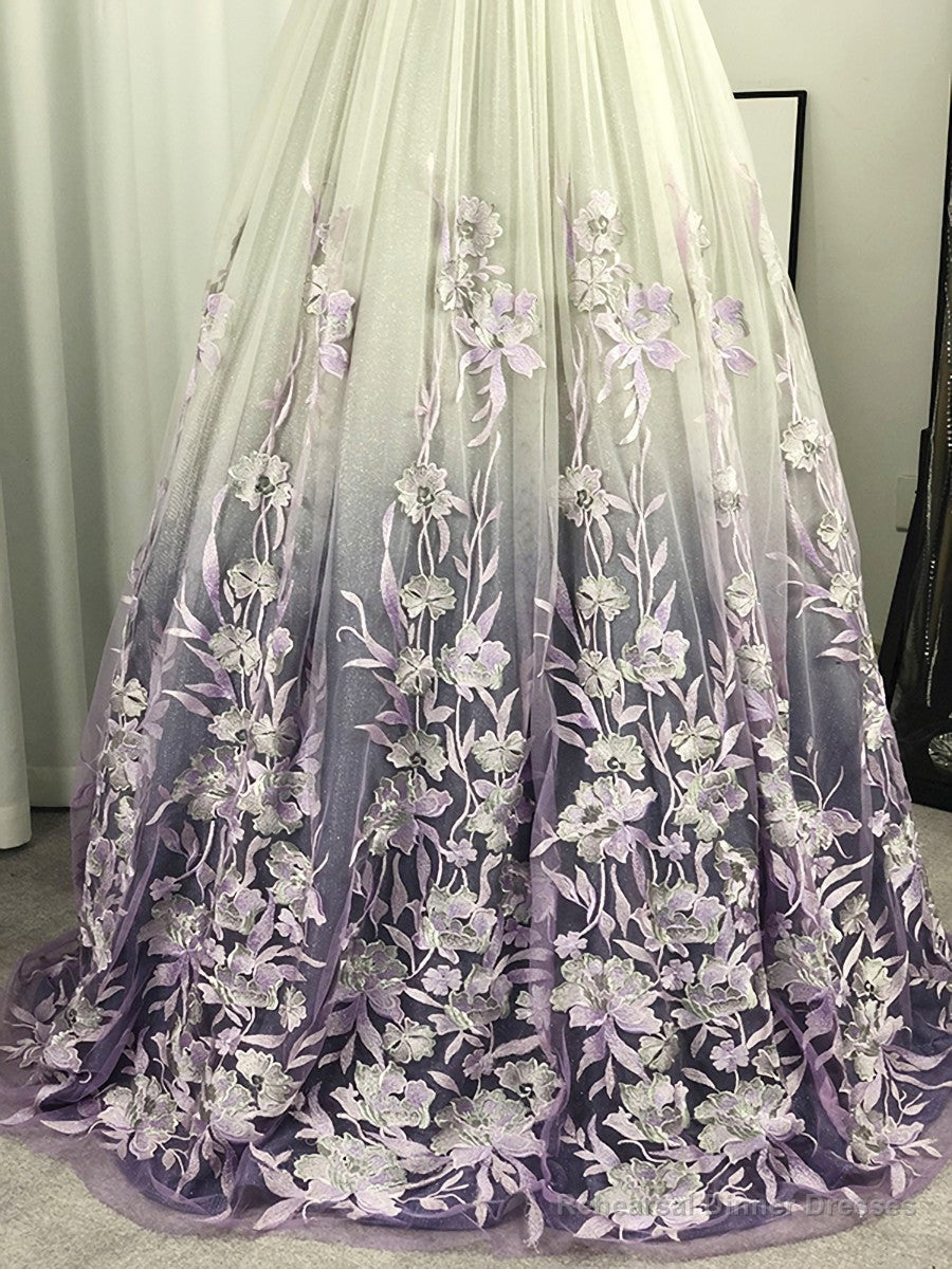 A-line V-neck Appliques Lace Floor-Length Tulle Dress