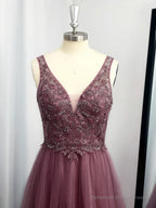 A-line V-neck Appliques Lace Floor-Length Tulle Dress