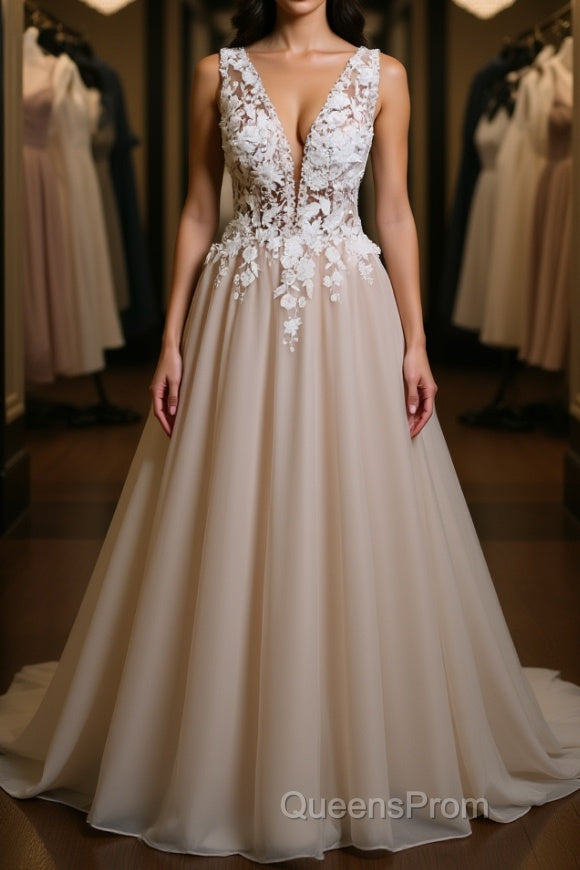 A Line V Neck Appliques Lace Evening Prom Dress, Lace Formal Graduation Evening Dress Main image