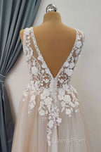 A Line V Neck Appliques Lace Evening Prom Dress, Lace Formal Graduation Evening Dress