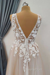 A Line V Neck Appliques Lace Evening Prom Dress, Lace Formal Graduation Evening Dress