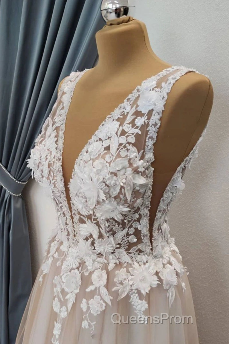 A Line V Neck Appliques Lace Evening Prom Dress, Lace Formal Graduation Evening Dress
