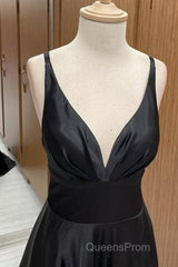 A Line V Neck Backless Black Long Evening Prom Dress, V Neck Black Formal Dress, Backless Black Evening Dress