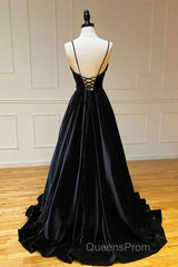 A Line V Neck Backless Black Velvet Long Evening Prom Dress, V Neck Black Formal Dress, Black Velvet Evening Dress