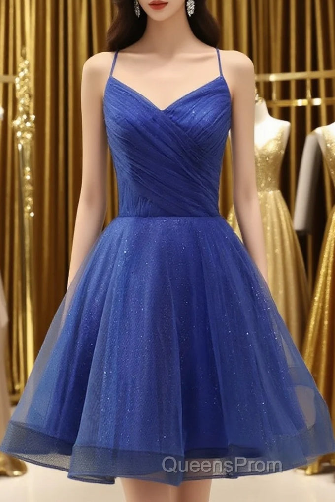 A Line V Neck Backless Blue Tulle Evening Prom Dress, Backless Blue Homecoming Dress, Short Blue Formal Evening Dress Main image