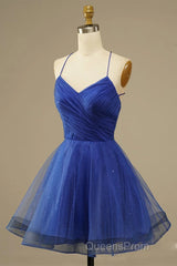 A Line V Neck Backless Blue Tulle Evening Prom Dress, Backless Blue Homecoming Dress, Short Blue Formal Evening Dress
