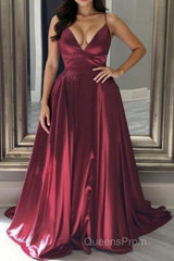 A Line V Neck Backless Burgundy Long Evening Prom Dress, Backless Burgundy Formal Graduation Evening Dress