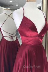 A Line V Neck Backless Burgundy Long Evening Prom Dress, Backless Burgundy Formal Graduation Evening Dress