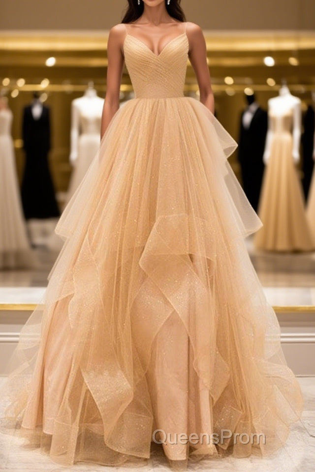 A Line V Neck Backless Champagne Long Evening Prom Dress, V Neck Champagne Formal Dress, Champagne Evening Dress Main image
