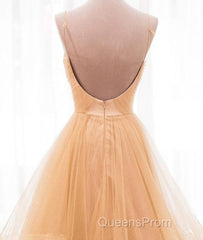 A Line V Neck Backless Champagne Long Evening Prom Dress, V Neck Champagne Formal Dress, Champagne Evening Dress