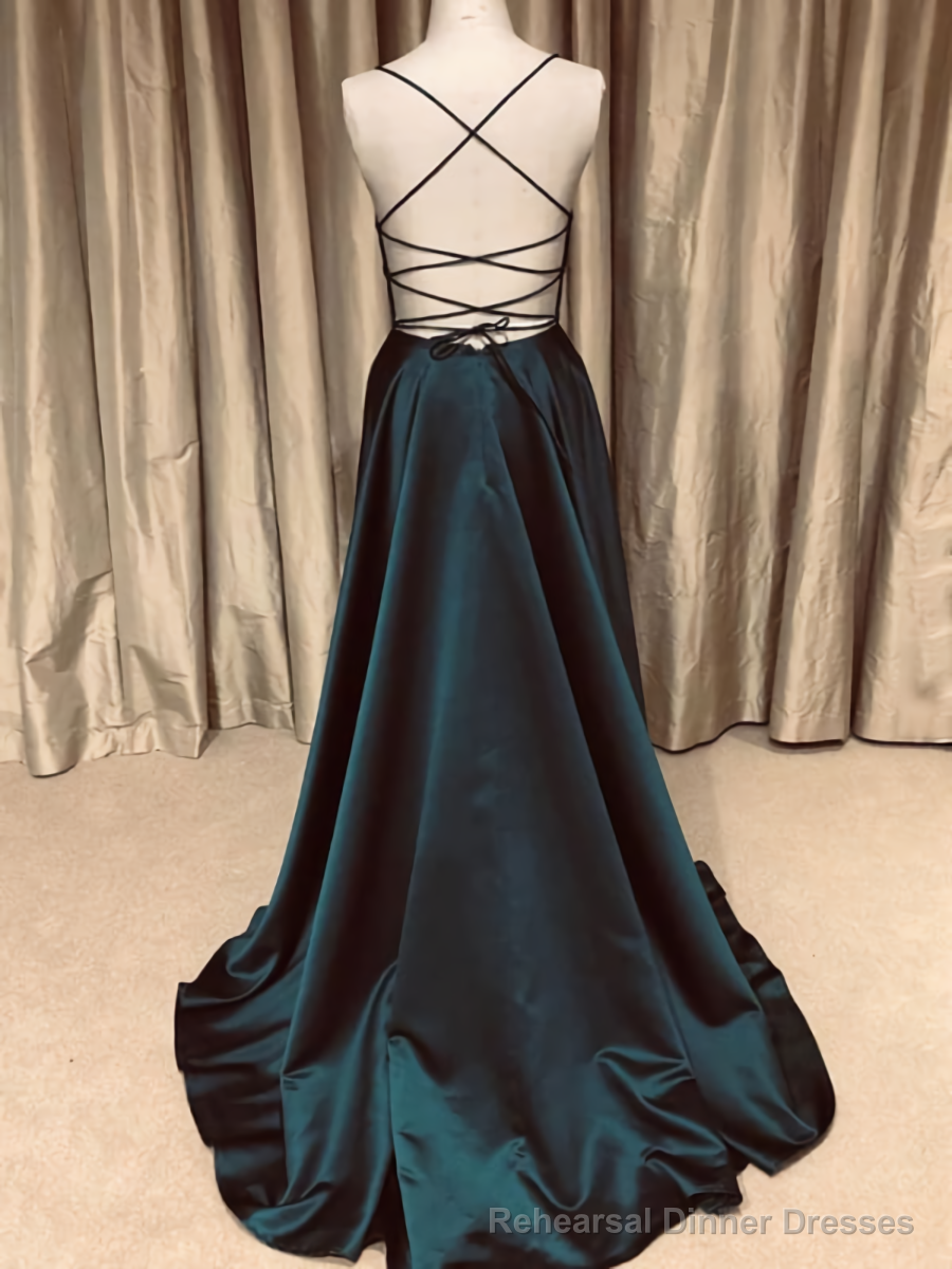 A Line V Neck Backless Dark Green Long Prom Dresses Secondary image