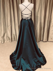 A Line V Neck Backless Dark Green Long Prom Dresses