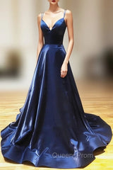 A Line V Neck Backless Dark Navy Blue Evening Prom Dress, Open Back Navy Blue Evening Dress