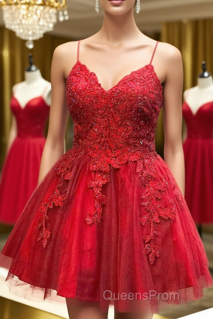 A Line V Neck Backless Lace Red Short Evening Prom Dress Homecoming Dress, Backless Red Lace Formal Graduation Evening Dress Main image