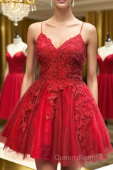A Line V Neck Backless Lace Red Short Evening Prom Dress Homecoming Dress, Backless Red Lace Formal Graduation Evening Dress