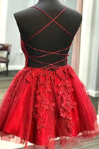 A Line V Neck Backless Lace Red Short Evening Prom Dress Homecoming Dress, Backless Red Lace Formal Graduation Evening Dress