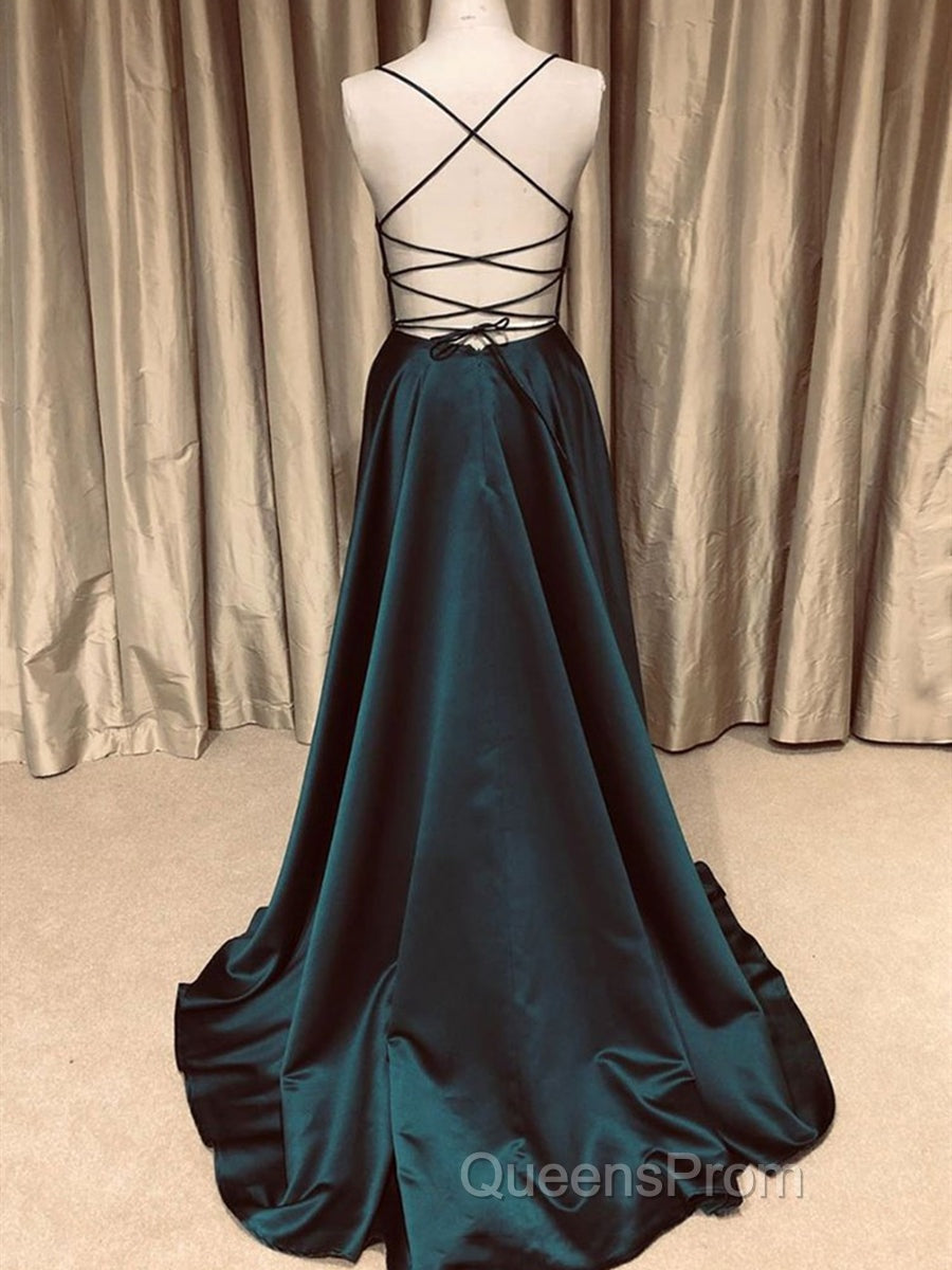 A Line V Neck Backless Long Evening Prom Dress Simple Dark Green Formal Evening Gowns