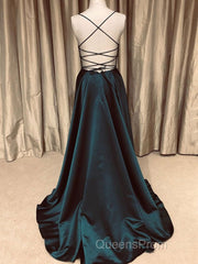 A Line V Neck Backless Long Evening Prom Dress Simple Dark Green Formal Evening Gowns