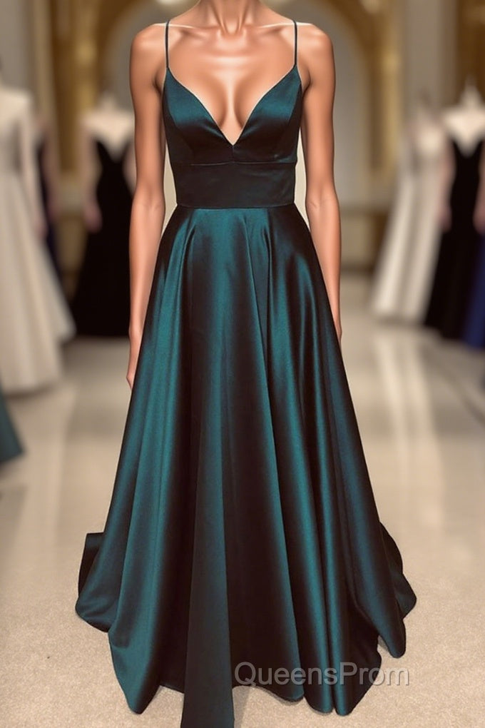 A Line V Neck Backless Long Evening Prom Dress Simple Dark Green Formal Evening Gowns Main image