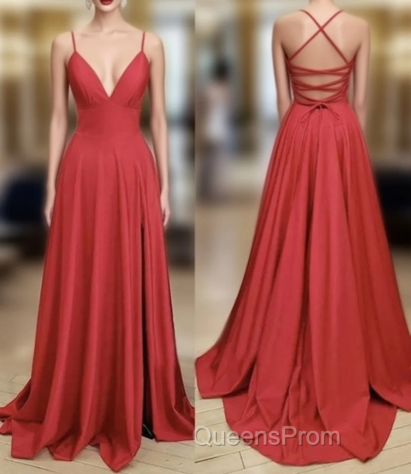 A Line V Neck Backless Red Long Evening Prom, Backless Red Fromal, Red Evening