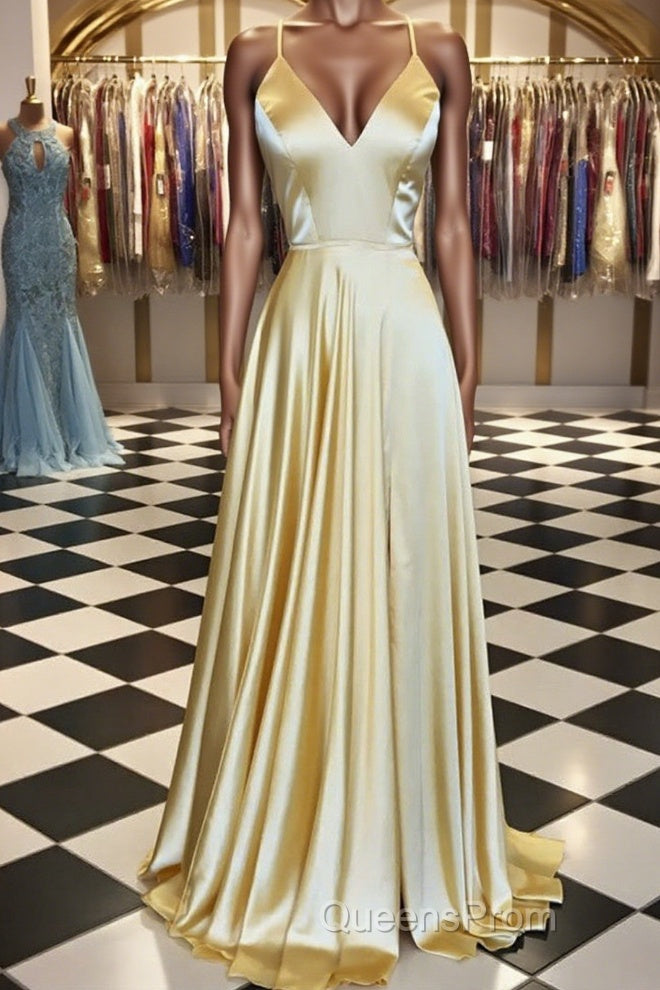 A Line V Neck Backless Yellow Satin Long Evening Prom Dress, Yellow Backless Formal Dress, Yellow Evening Dress Main image