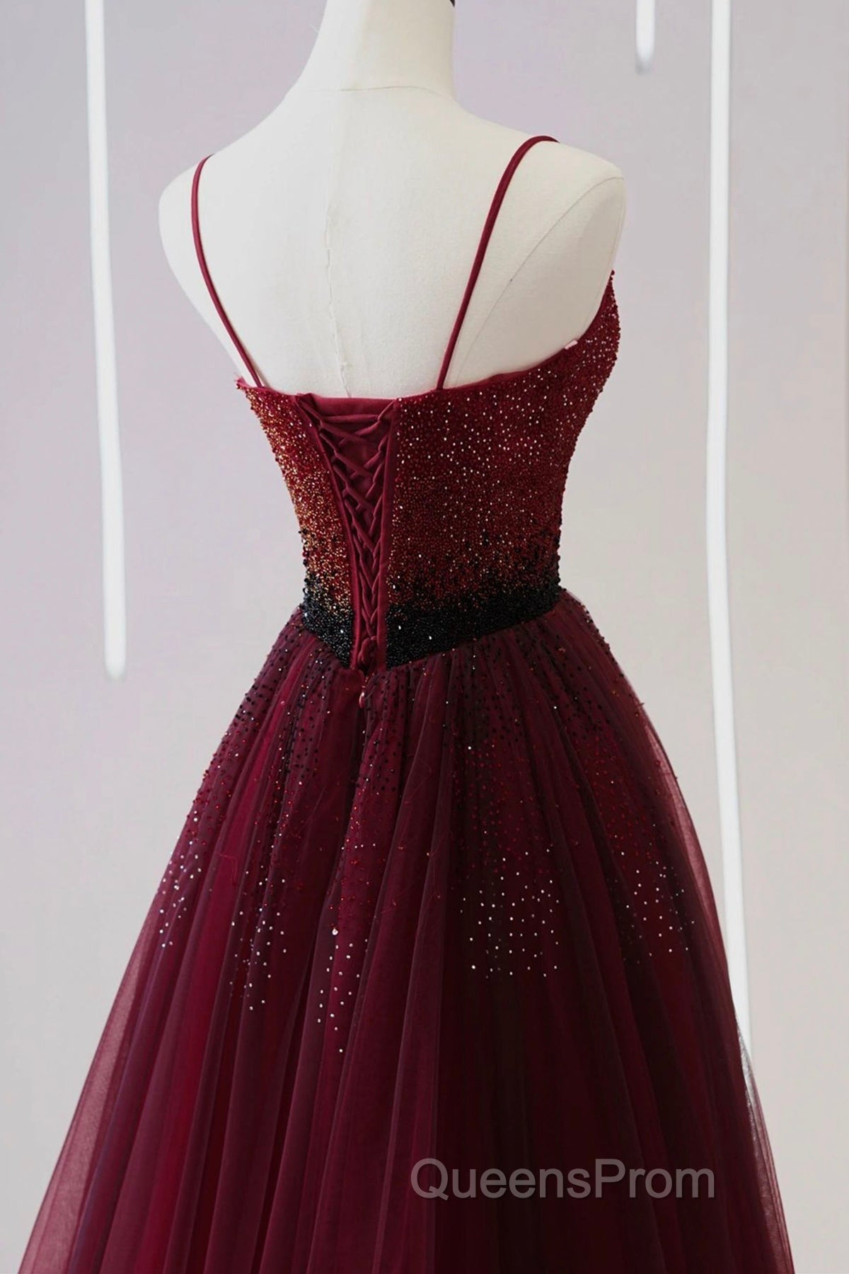 A Line V Neck Beaded Burgundy Tulle Long Evening Prom Dress, Beaded Burgundy Formal Graduation Evening Dress