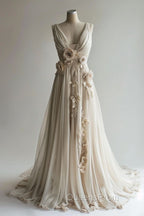 A-Line V-Neck Beaded Chiffon Long Evening Prom Dress, Vintage Applique Wedding Dress