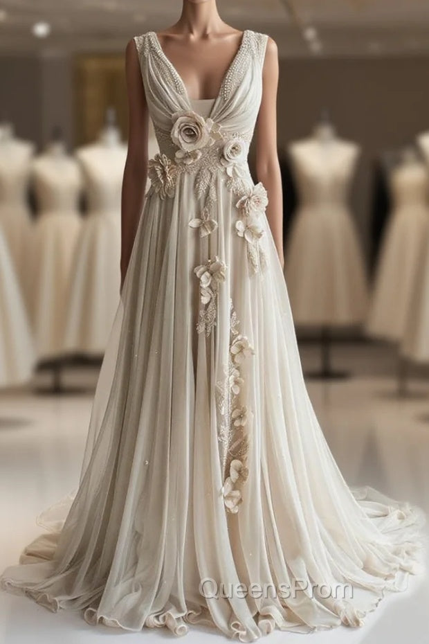 A-Line V-Neck Beaded Chiffon Long Evening Prom Dress, Vintage Applique Wedding Dress Main image