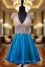 A-line V-neck Beaded Crystals Backless Blue Homecoming Dress