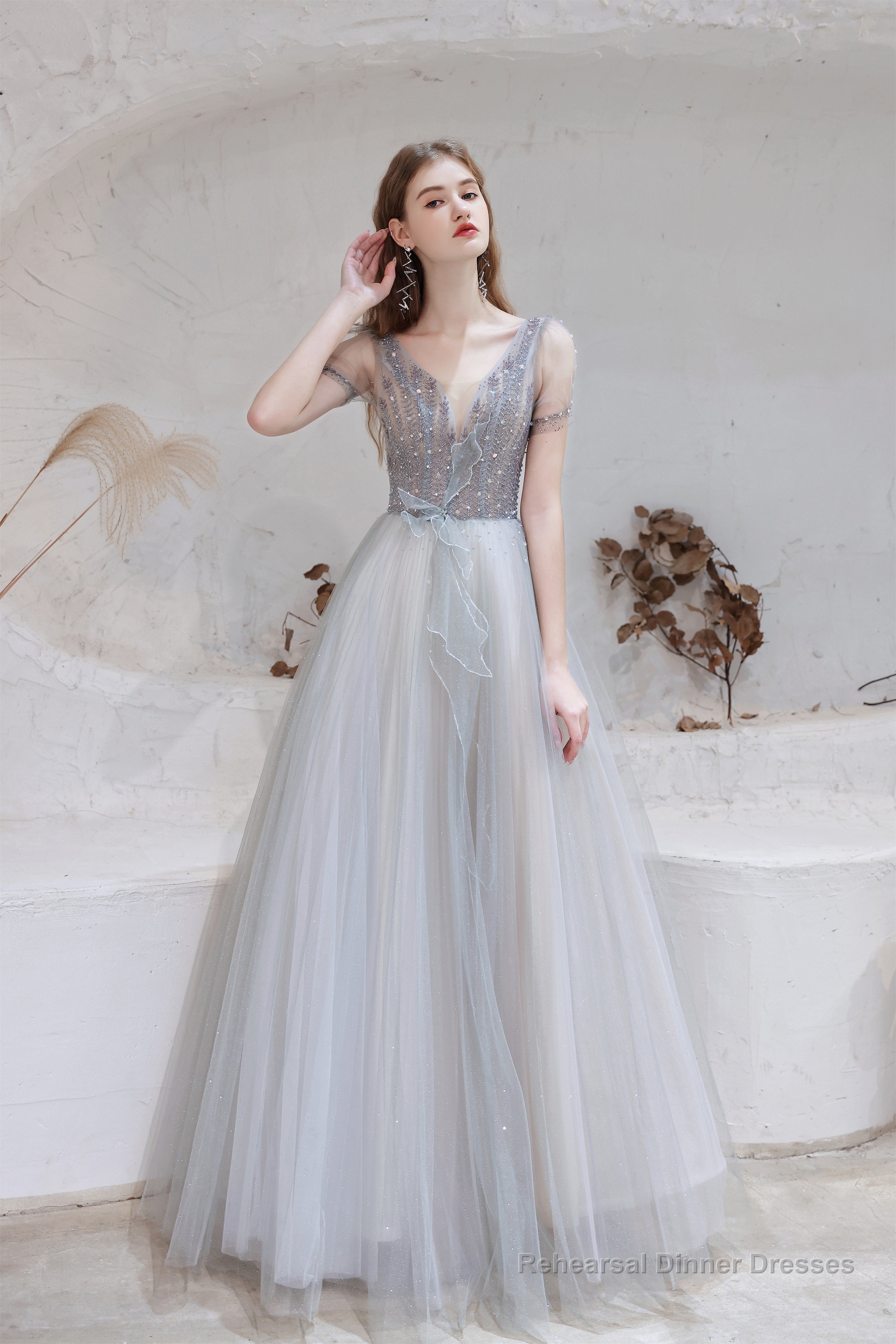 A Line V-Neck Beaded Floor Length Prom Dresses With Short Sleeves Main image